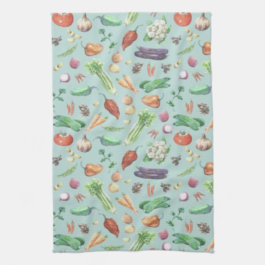 水彩野菜とスパイスパターン キッチンタオル (縦)