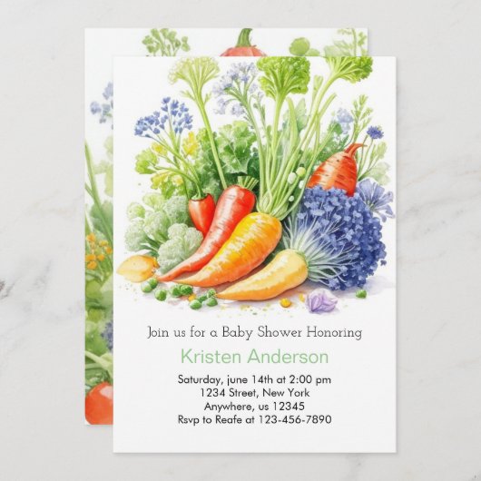 水彩野菜の恵まれた赤ちゃんシャワー 招待状 (正面/裏面)