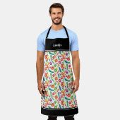 水彩野菜パターンモノグラム名 エプロン (着用した状態)