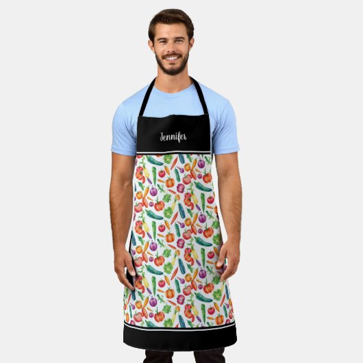 水彩野菜パターンモノグラム名 エプロン (着用した状態)