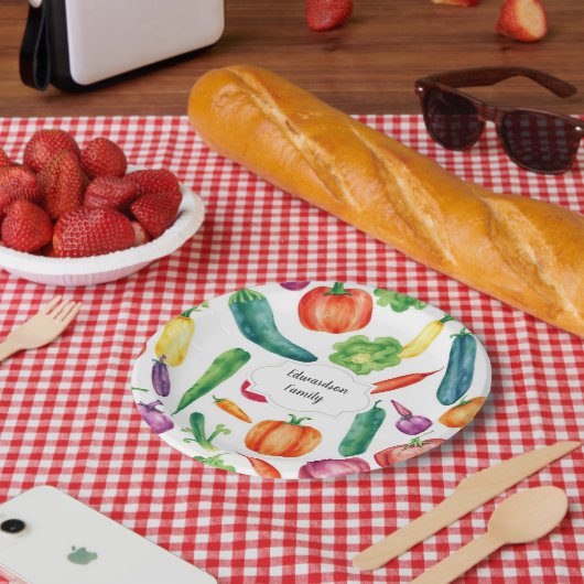 水彩野菜ファミリーモノグラム ペーパープレート (ピクニック)