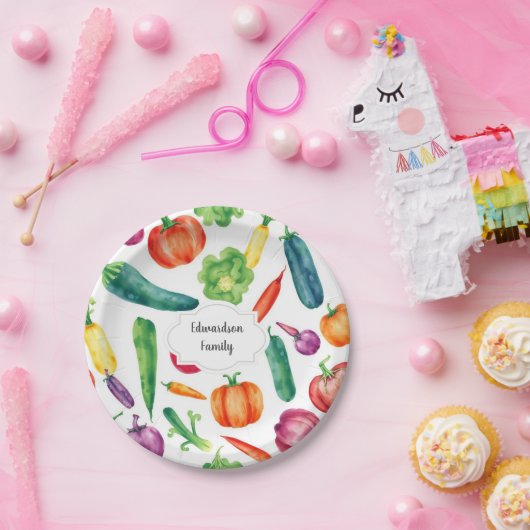 水彩野菜ファミリーモノグラム ペーパープレート (パーティー)