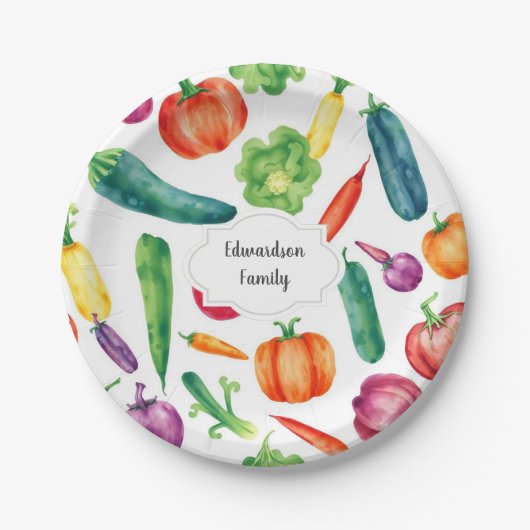 水彩野菜ファミリーモノグラム ペーパープレート (正面)