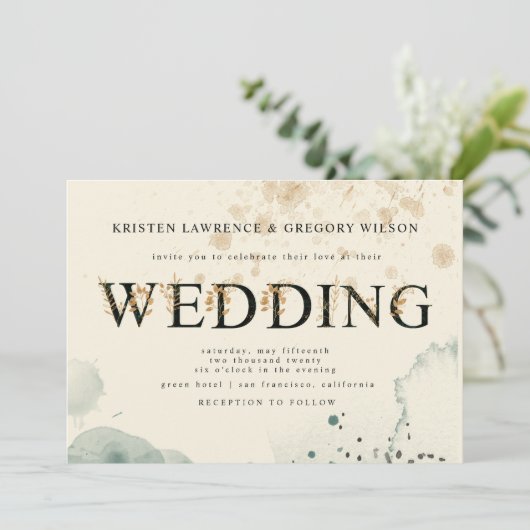 水彩金ゴールドとグリーンバラ結婚式招待状 招待状 (スタンド正面)