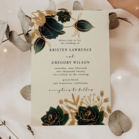 水彩金ゴールドとグリーンバラ結婚式招待状 招待状