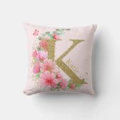 水彩金ゴールドとフローラモノグラム文字K クッション (正面)