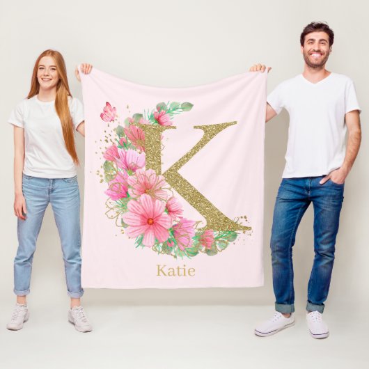 水彩金ゴールドとフローラモノグラム文字K フリースブランケット (インサイチュ)