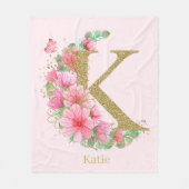 水彩金ゴールドとフローラモノグラム文字K フリースブランケット (正面)