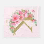 水彩金ゴールドとフローラモノグラム文字K フリースブランケット (正面(横))