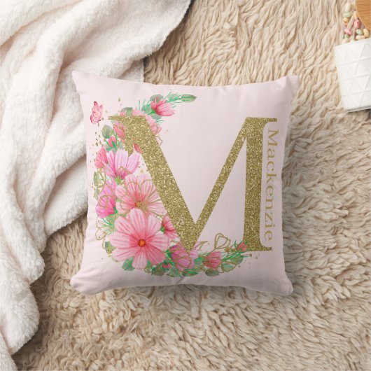 水彩金ゴールドとフローラモノグラム文字M クッション (ブランケット)
