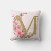 水彩金ゴールドとフローラモノグラム文字M クッション (正面)