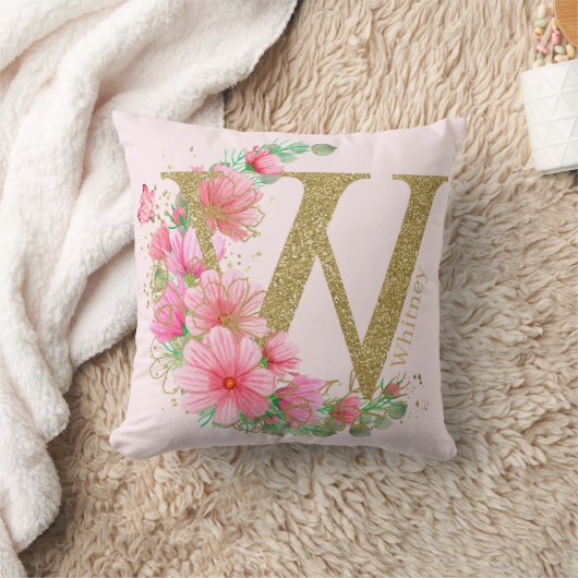 水彩金ゴールドとフローラモノグラム文字W クッション (ブランケット)
