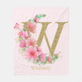 水彩金ゴールドとフローラモノグラム文字W フリースブランケット (正面)