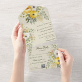 水彩金ゴールドとベージュフローラ(QRコード付き) オールインワン招待状 (貼ってはがせる)