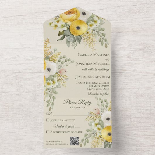 水彩金ゴールドとベージュフローラ(QRコード付き) オールインワン招待状 (内側)