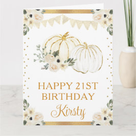 水彩金ゴールドとホワイトフローラカボチャ誕生日 カード