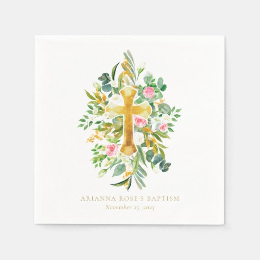 水彩金ゴールドクロスピンクホワイトフローラバプテスマ スタンダードカクテルナプキン (正面)
