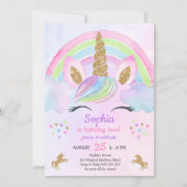 水彩金ゴールドグリッターキュートユニコーンガール誕生日 招待状 (正面)