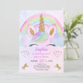 水彩金ゴールドグリッターキュートユニコーンガール誕生日 招待状 (スタンド正面)