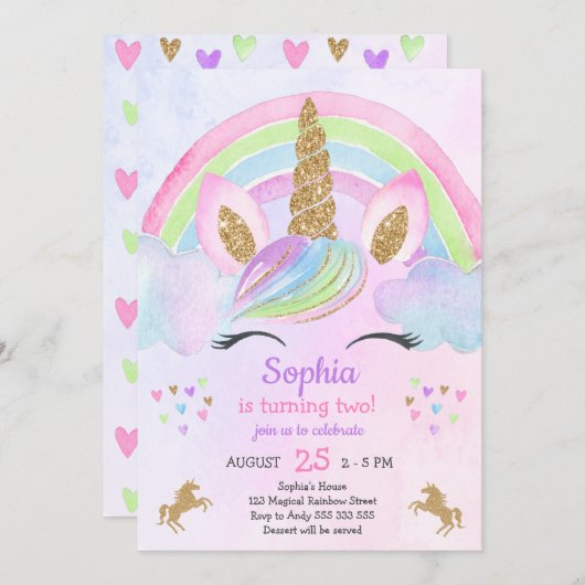 水彩金ゴールドグリッターキュートユニコーンガール誕生日 招待状 (正面/裏面)
