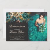 水彩金ゴールドグリーンフローラキンセアニェラ写真 招待状 (正面)