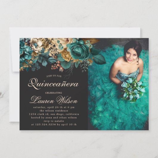 水彩金ゴールドグリーンフローラキンセアニェラ写真 招待状 (正面)