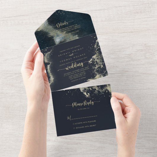 水彩金ゴールドスプラッシュ結婚ズ オールインワン招待状 (貼ってはがせる)