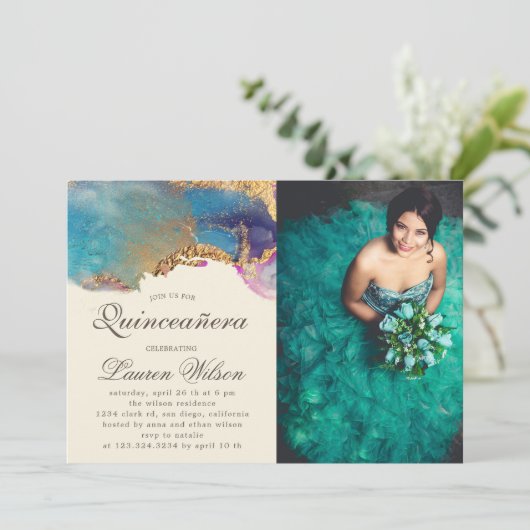 水彩金ゴールドフェイクキンセアニェラフォト招待状 招待状 (スタンド正面)