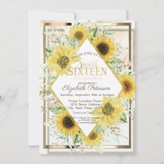 水彩金ゴールドフレームひまわり甘い16 招待状 (正面)