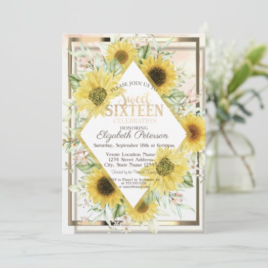 水彩金ゴールドフレームひまわり甘い16 招待状 (スタンド正面)