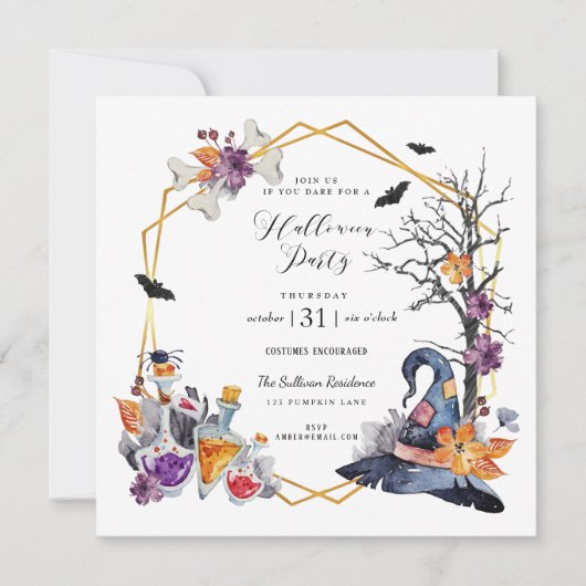 水彩金ゴールドフレームハローウィンパーティ招待状 招待状 (正面)