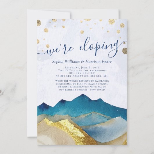 水彩金ゴールド山々写真結婚の駆け落ち 招待状 (正面)