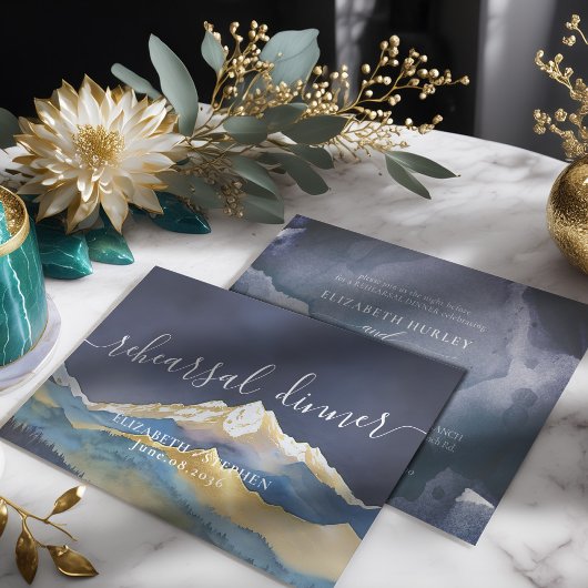 水彩金ゴールド山結婚のリハーサルディナー 招待状