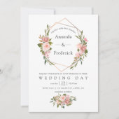 水彩金ゴールド幾何学的赤面ピンクローズ結婚ズ 招待状 (正面)