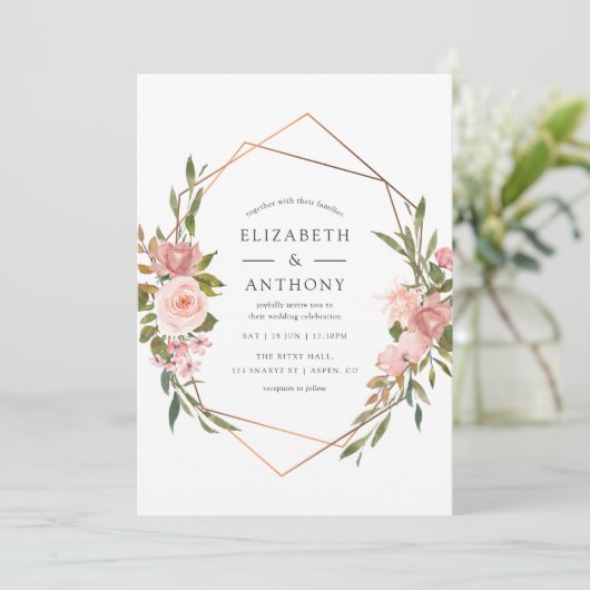 水彩金ゴールド幾何学的赤面ピンクローズ結婚ズ 招待状 (スタンド正面)