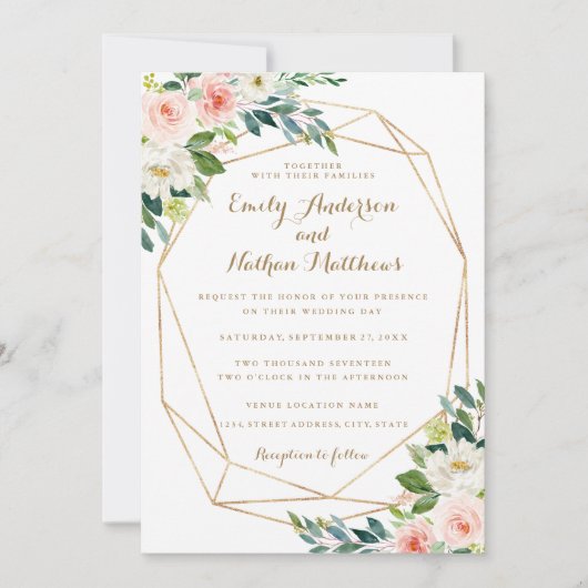 水彩金ゴールド幾何学的赤面フローラ結婚の 招待状 (正面)