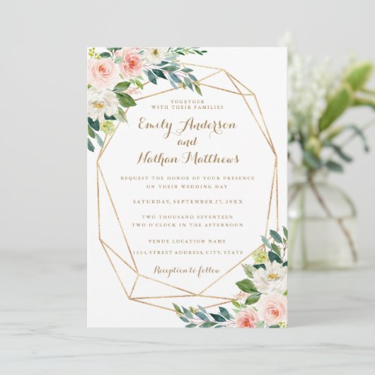 水彩金ゴールド幾何学的赤面フローラ結婚の 招待状 (スタンド正面)