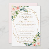 水彩金ゴールド幾何学的赤面フローラ結婚の 招待状 (正面/裏面)