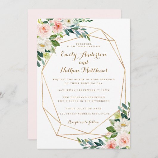 水彩金ゴールド幾何学的赤面フローラ結婚の 招待状 (正面/裏面)