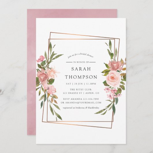 水彩金ゴールド幾何赤面バラブライダルシャワー 招待状 (正面/裏面)