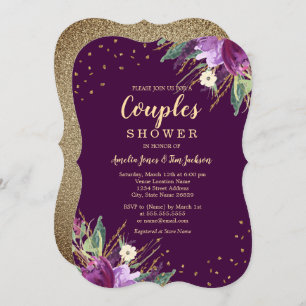 水彩金ゴールド紫色の花カップルのシャワー 招待状