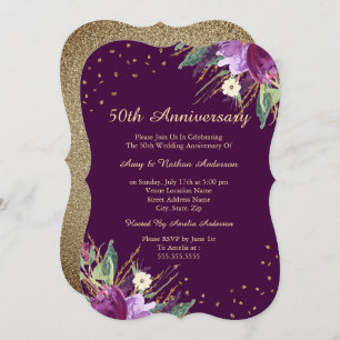 水彩金ゴールド紫色の花50周年 招待状