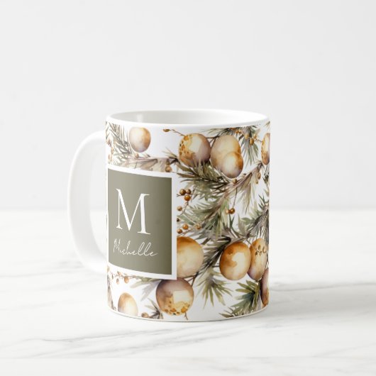 水彩金ゴールド葉クリスマスモノグラム コーヒーマグカップ (正面左)