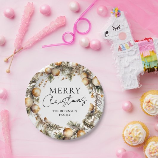 水彩金ゴールド葉クリスマス ペーパープレート (パーティー)