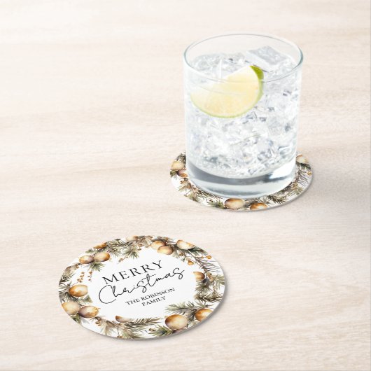 水彩金ゴールド葉クリスマス ラウンドペーパーコースター (インサイチュ)
