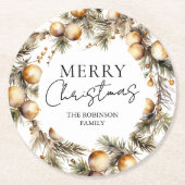 水彩金ゴールド葉クリスマス ラウンドペーパーコースター (正面)