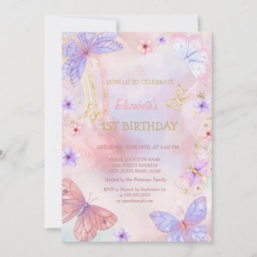 水彩金ゴールド薄紫バタフライレインボー誕生日 招待状 (正面)