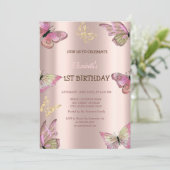 水彩金ゴールド蝶バラ金ゴールド誕生日 招待状 (スタンド正面)