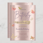 水彩金ゴールド蝶バラ金ゴールド誕生日 招待状 (正面/裏面)