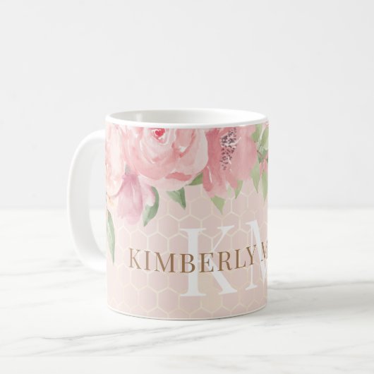 水彩金ゴールド赤面ピンクフローラモノグラム コーヒーマグカップ (正面左)